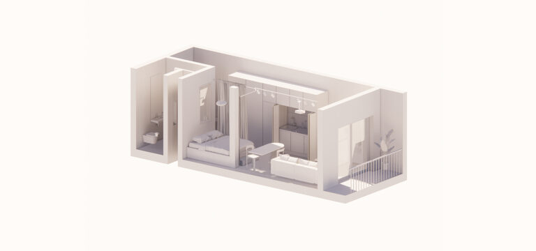 Vista axonométrica de reforma de apartamento en Barcelona, 30m2