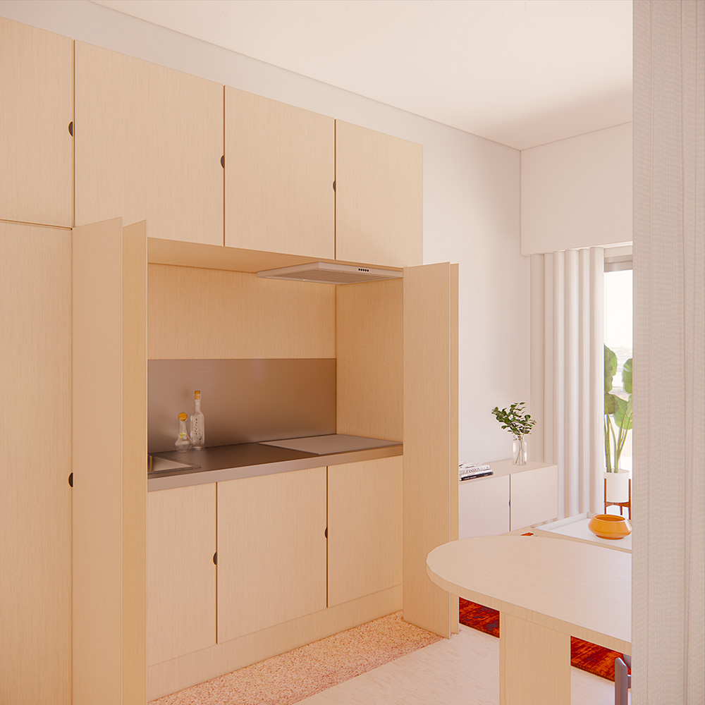 Cocina y living de apartamento reformado en Barcelona, madera y color