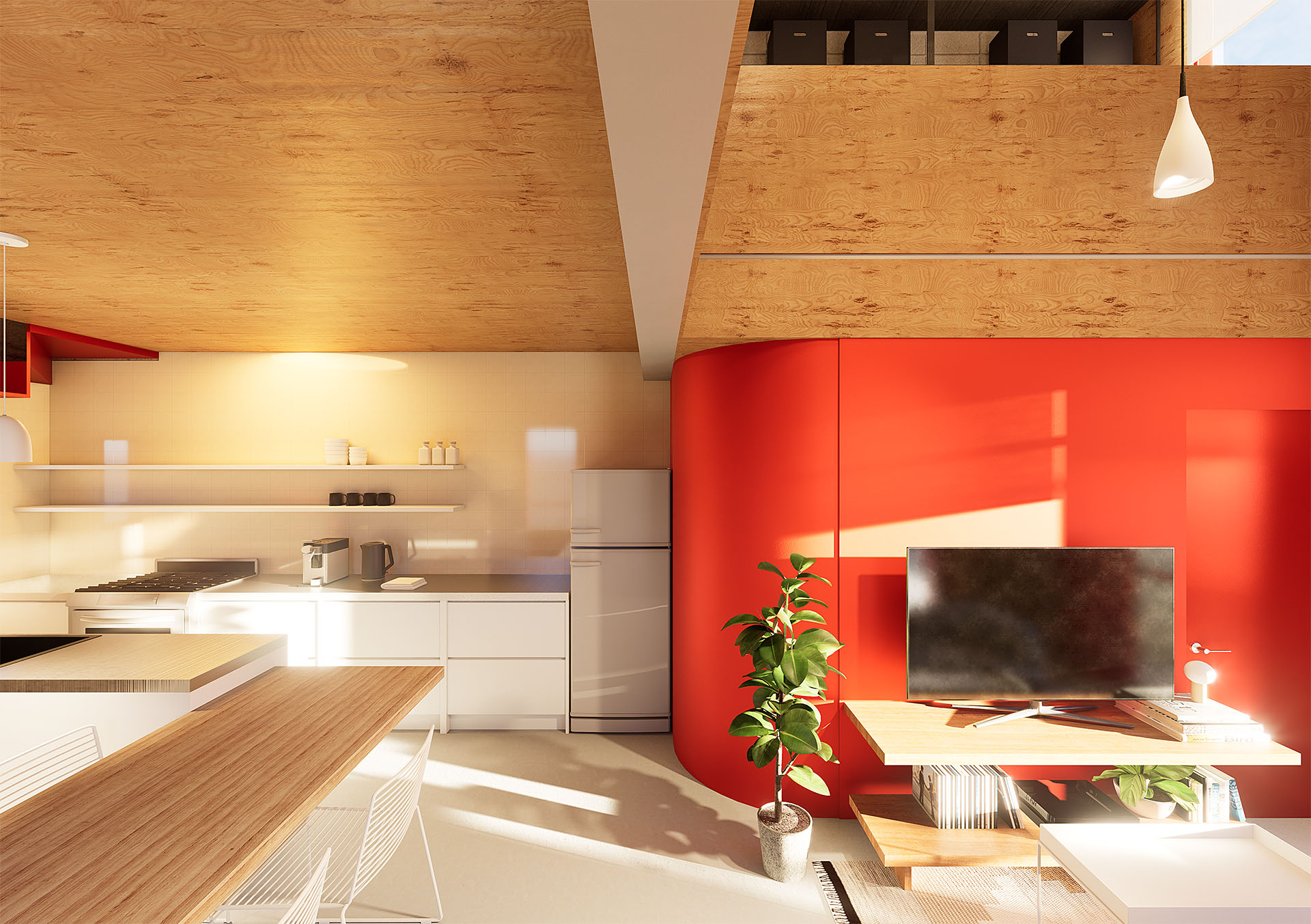 Interior de casa dos plantas en Neuquén, living con doble altura y muro rojo