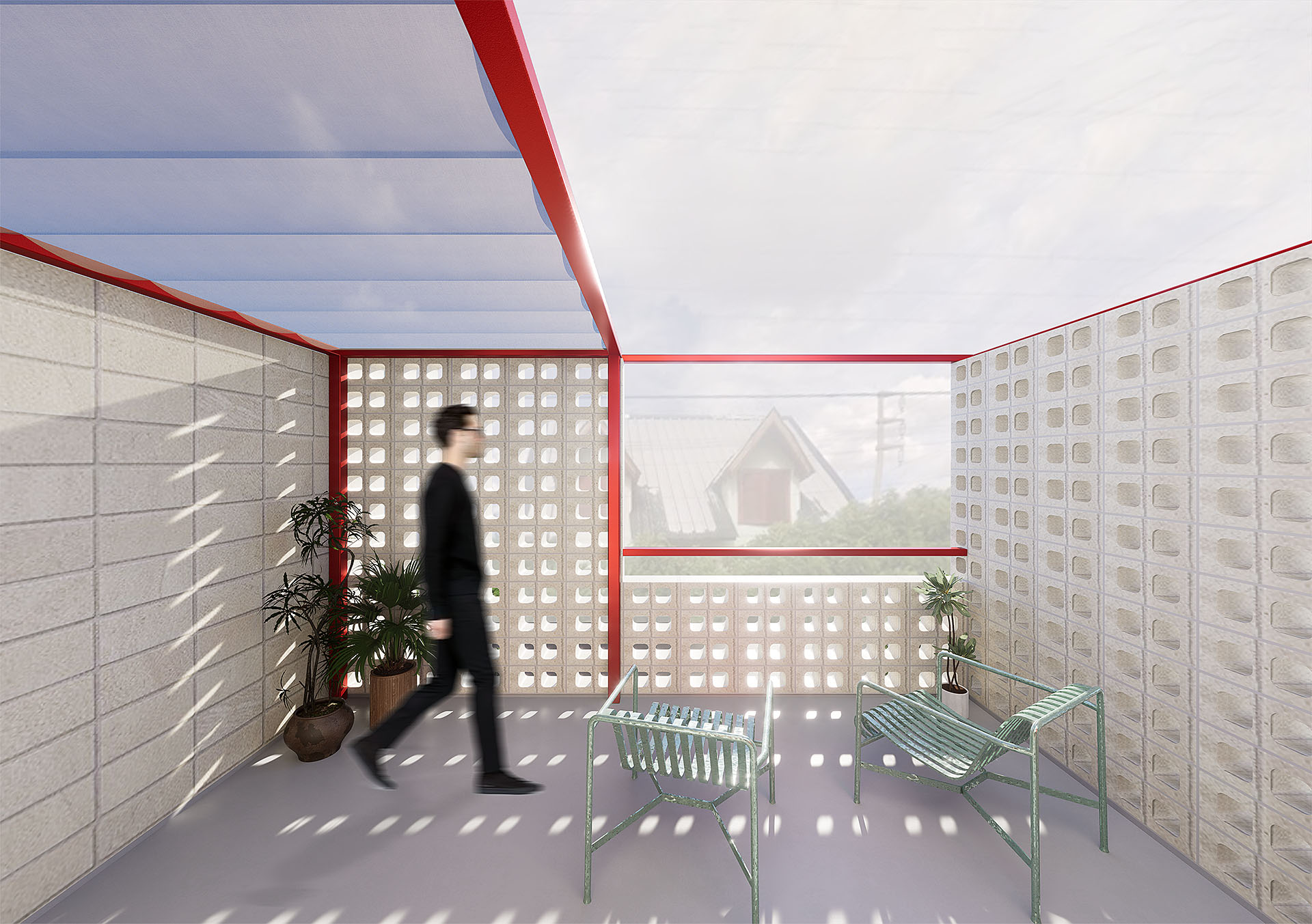 Terraza de vivienda en Neuquén con celosía y figura en movimiento