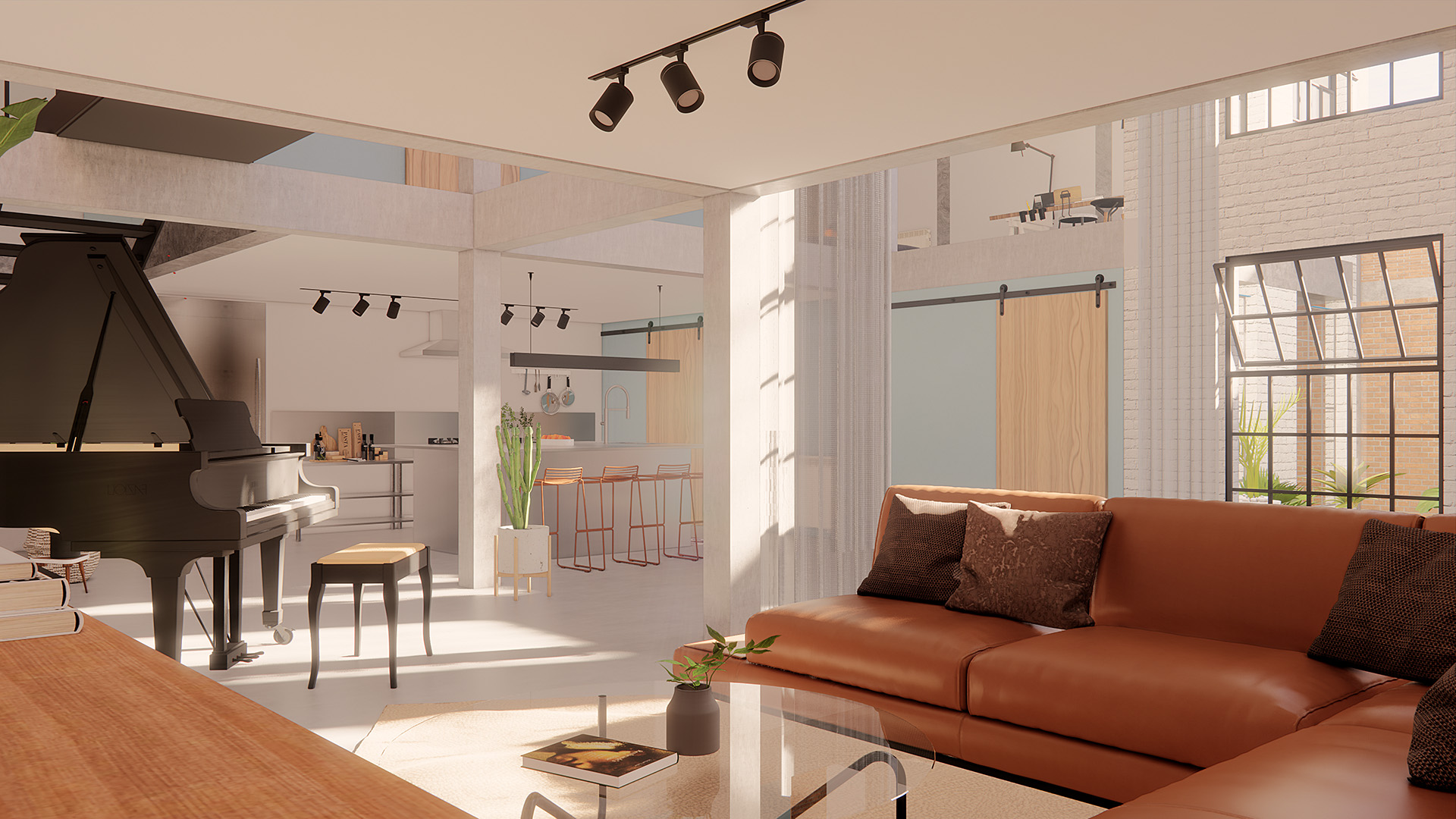 Sala de estar de vivienda unifamiliar contemporánea en Neuquén con espacios integrados